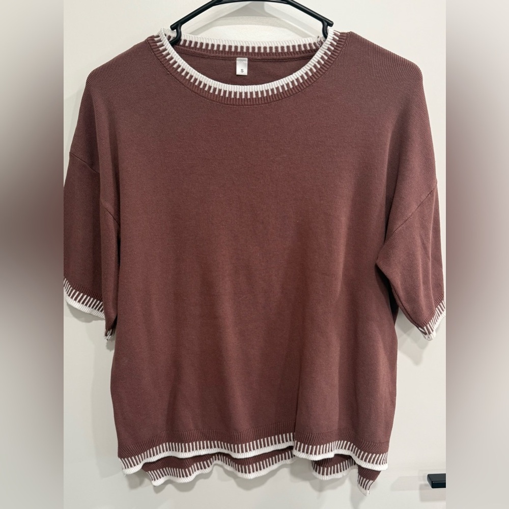 Brown 2 piece knit pants short sleeve shirt lounge set comfy travel small - Picture 2 of 4